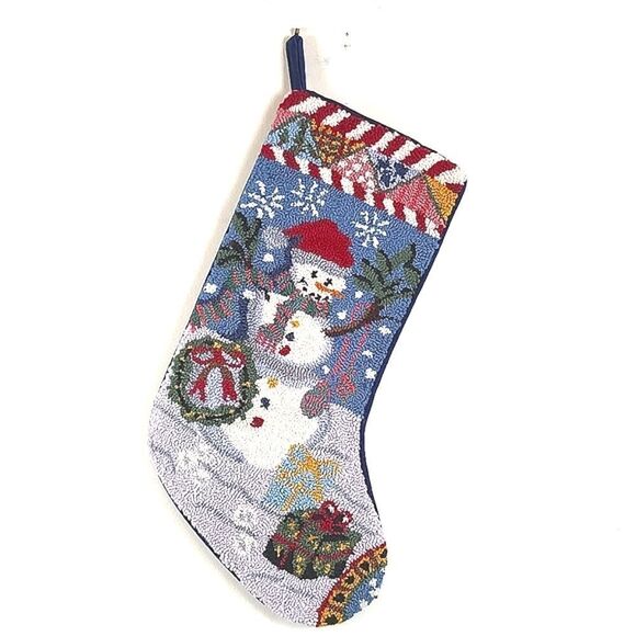 Wool Needlepoint Snowman Christmas Stocking Cotton Velvet Backing Vintage - Picture 1 of 7